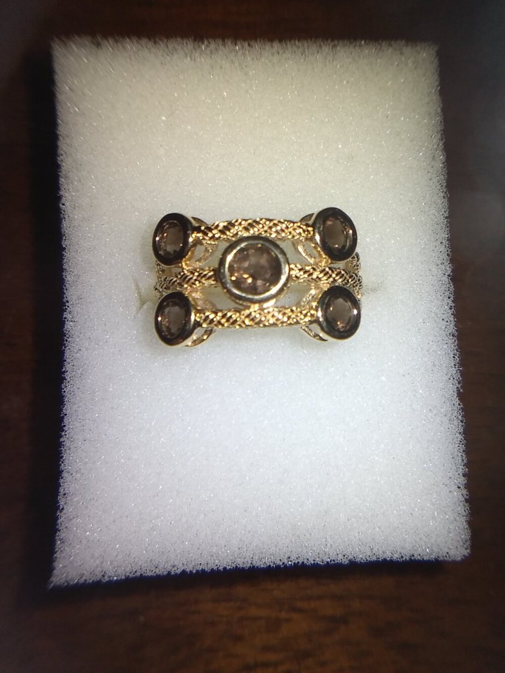 Smoky Quartz Multi Row Yellow Gold Over Silver Ring